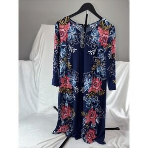 MSK Navy Blue Floral Boho Shift Dress with Silver Ring Detail Size PXL Chic